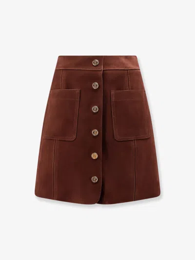 Celine Women Suede Skirt With Triomphe Buttons In Brown