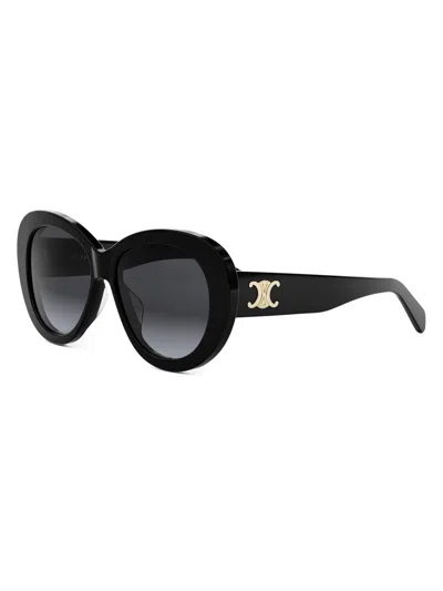 Celine Triomphe Logo Oval Acetate Sunglasses In Shiny Black Gradient Smoke
