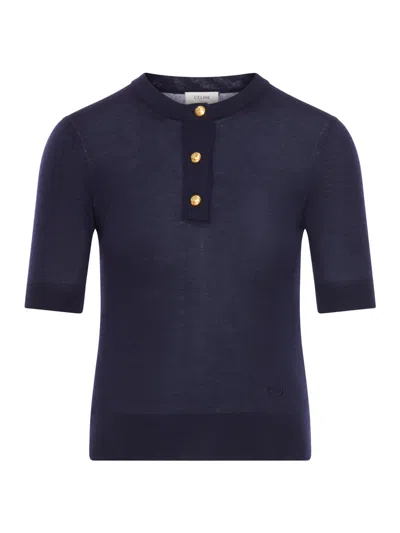 Celine Women Triomphe Crew Neck Sweater In Fine Wool In Blue