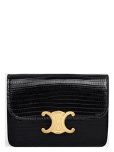 Celine Triomphe Lizard-embossed Leather Card Holder In Black