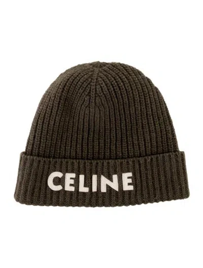 Pre-owned Celine Wool Embroidered Logo Beanie In Green