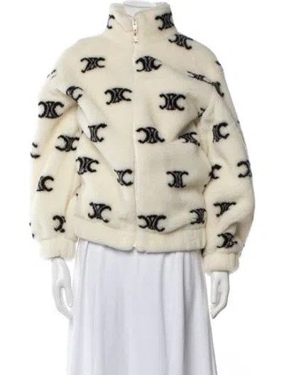 Pre-owned Celine Wool Patterned Faux Fur Jacket In Neutrals