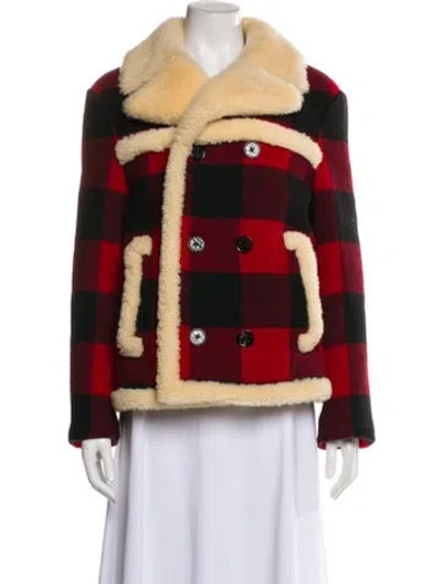 Pre-owned Celine Wool Plaid Print Faux Fur Jacket In Red
