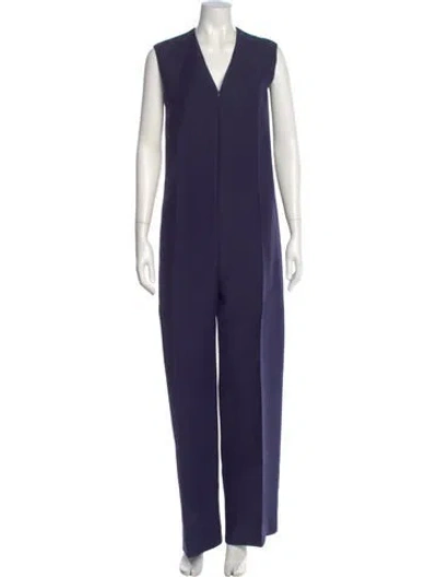 Pre-owned Celine Wool V-neck Jumpsuit W/ Tags In Blue