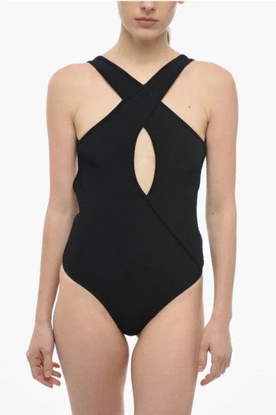 Celine Wrapover Bodysuit With Open Back In Black