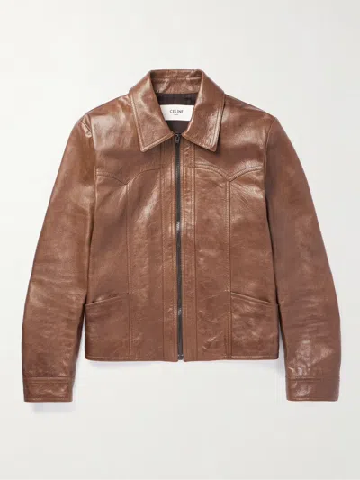Pre-owned Celine X Hedi Slimane Fw23 Runway Western Brown Leather Zip Up Blouson Jacket