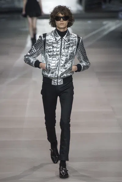 Pre-owned Celine X Hedi Slimane S/s19 Runway Python Skin Trimmed Silver Teddy Bomber Jacket (size Small)