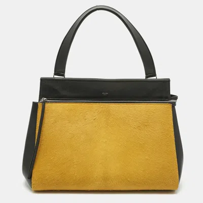 Pre-owned Celine Yellow/black Calf Hair And Leather Large Edge Top Handle Bag