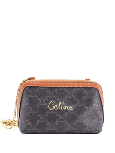 Pre-owned Celine Zip Around Chain Clutch Embroidered Triomphe Coated Canvas Shoulder Bag In Brown