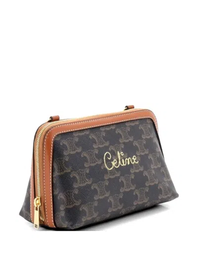 Pre-owned Celine Zip Around Chain Clutch Embroidered Triomphe Coated Canvas Shoulder Bag In Brown