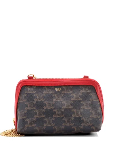 Pre-owned Celine Zip Around Chain Clutch Triomphe Coated Canvas Crossbody Bag In Brown