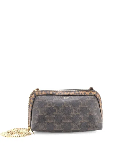 Pre-owned Celine Zip Around Chain Clutch Triomphe Coated Canvas Crossbody Bag In Brown