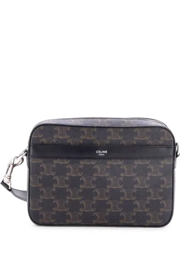 Pre-owned Celine Zip Messenger Bag Triomphe Coated Canvas Small Crossbody Bag In Black