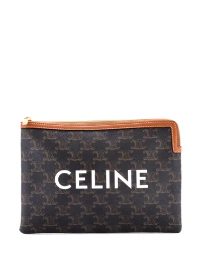 Pre-owned Celine Zip Triomphe Coated Canvas Small Pouch In Brown