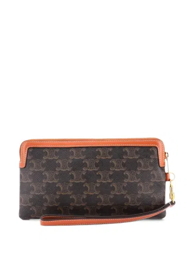 Pre-owned Celine Zip Wristlet Triomphe Coated Canvas Pouch In Brown