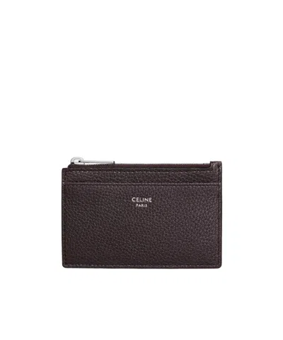 Celine Zipped Card Holder In Grained Calfskin In White