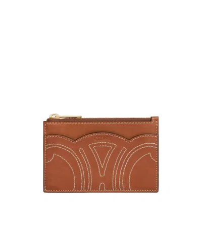 Celine Zipped Card Holder In Natural Calfskin In Brown