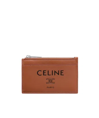 Celine Zipped Card Holder In Smooth Lambskin In Brown