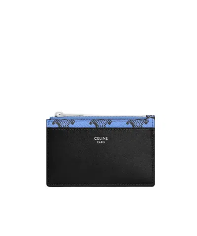 Celine Zipped Card Holder In Triomphe Canvas And Lambskin In Black