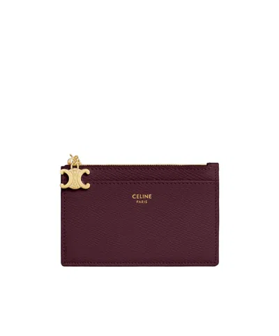 Celine Zipped Card Holder Triomphe Charms In Grained Calfskin In Brown
