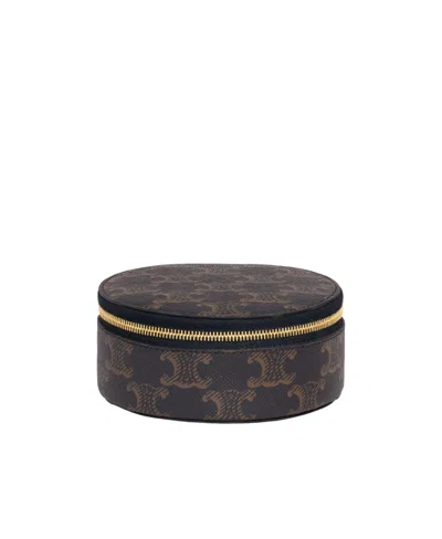 Celine Zipped Round Case In Triomphe Canvas And Calfskin In Black
