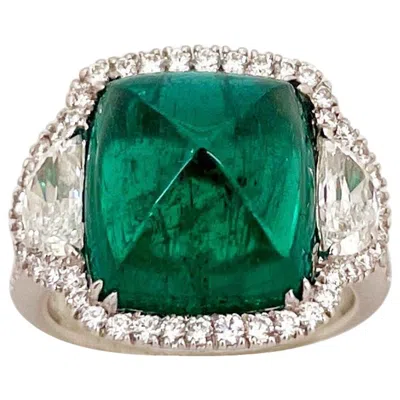 Pre-owned Cellini 10.58 Carat Sugarloaf Cabochon Emerald And Diamond Ring In Green