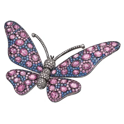 Pre-owned Cellini 18 Karat Blackened Gold Butterfly Brooch With Diamonds, Pink And Blue Sapphires