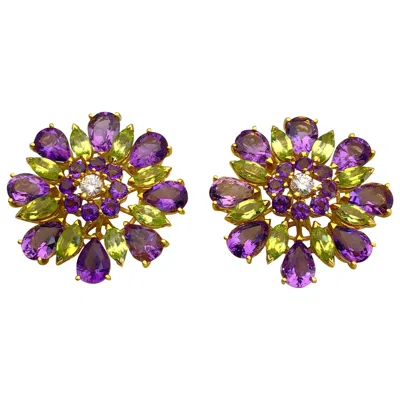 Pre-owned Cellini 18 Karat Gold, 10.78 Carat Amethyst, 2.30 Carat Peridot And Diamond Earrings In Purple