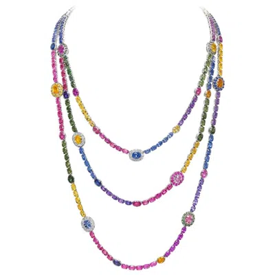 Pre-owned Cellini 18 Karat Gold, 149.5 Carat Rainbow Sapphire And Diamond 3-row Necklace In Blue