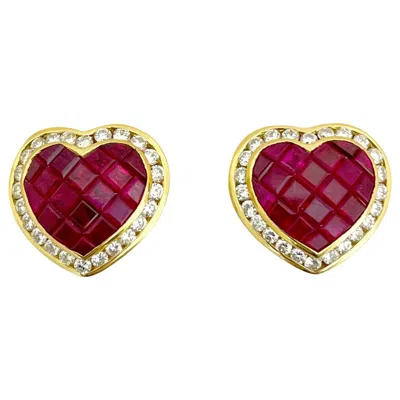 Pre-owned Cellini 18 Karat Gold 5.20 Carat Ruby And 1.30 Carat Diamond Heart Earrings In Multi