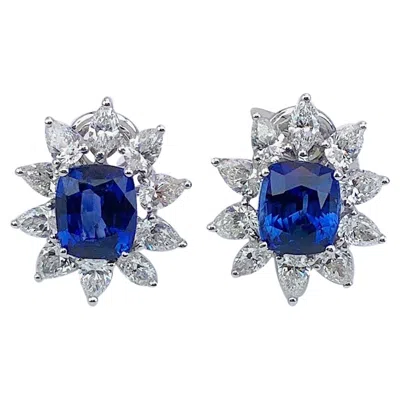 Pre-owned Cellini 18 Karat Gold 7.64ct. Cushion Blue Sapphire & 3.85ct. Diamond Earrings