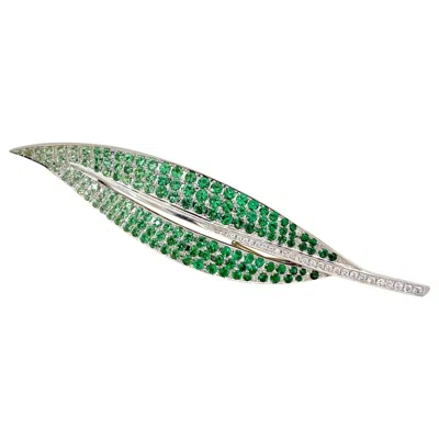Pre-owned Cellini 18 Karat Gold 8.00 Carat Tsavorite And .25 Carat Diamond Leaf Brooch In Multi