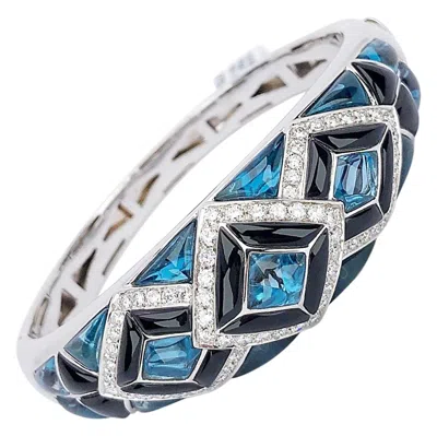 Pre-owned Cellini 18 Karat Gold Bangle Bracelet With Diamonds, Blue Topaz And Black Onyx