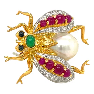 Pre-owned Cellini 18 Karat Gold Bee Brooch With Diamonds, Gem Stones And South Sea Pearl In Multi