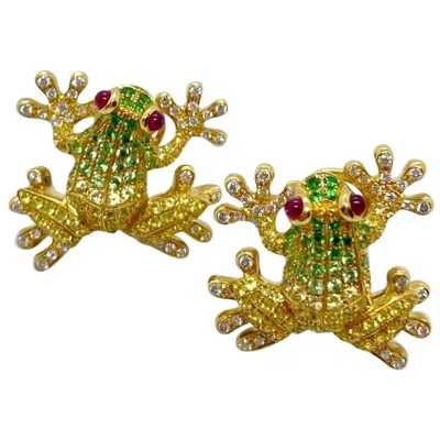 Pre-owned Cellini 18 Karat Gold, Diamond, Yellow Sapphires And Tsavorite Frog Earrings