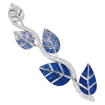 Pre-owned Cellini 18 Karat Gold Diamonds And Invisibly Set Ombre Blue Sapphire Leaf Brooch