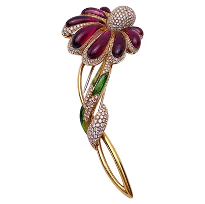 Pre-owned Cellini 18 Karat Gold, Diamonds, Rubellite And Green Tourmaline Flower Brooch