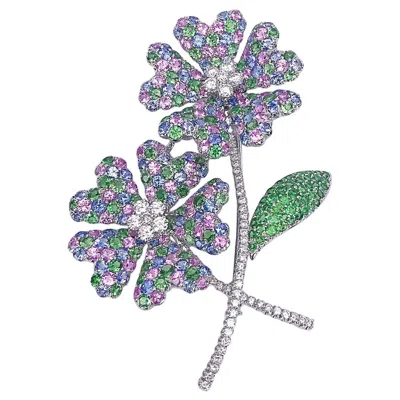 Pre-owned Cellini 18 Karat Gold Double Flower Brooch, Diamonds, Pastel Sapphires And Tsavorites In Multi
