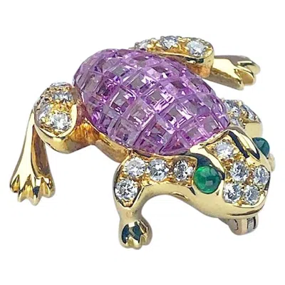 Pre-owned Cellini 18 Karat Gold Frog Brooch, Invisibly Set Pink Sapphires, Diamonds And Emerald