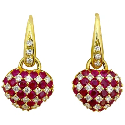 Pre-owned Cellini 18 Karat Gold Hanging Heart Earrings 2.49 Carat Ruby And 0.75 Ct Diamond In Multi