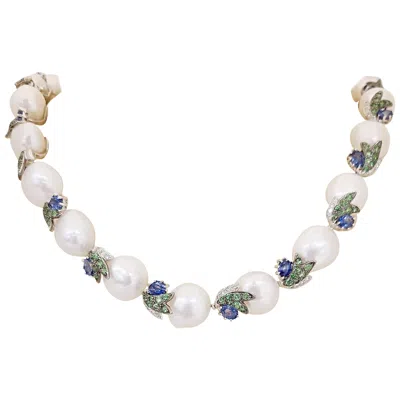 Pre-owned Cellini 18 Karat Gold Necklace With Baroque Pearls, Sapphires, Tsavorites And Diamonds In Multi