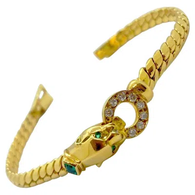 Pre-owned Cellini 18 Karat Gold Panther Head Bracelet With .32 Carat Diamonds And Emeralds In Multi