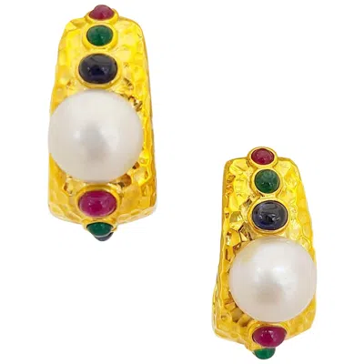Pre-owned Cellini 18 Karat Gold South Sea Pearl And Gem Stone Hammered Hoop Earrings In Multi