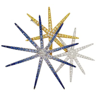 Pre-owned Cellini 18 Karat Wg, Fireworks Brooch With Blue & Yellow Sapphires And Diamonds
