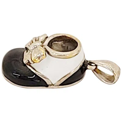 Pre-owned Cellini 18 Karat White Gold Baby Shoe Charm With Black And White Enamel