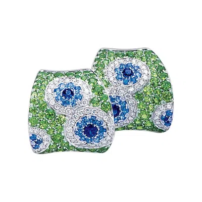Pre-owned Cellini 18 Karat White Gold, Diamond, Blue Sapphire And Tsavorite Earrings