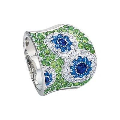 Pre-owned Cellini 18 Karat White Gold, Diamond, Blue Sapphire, And Tsavorite Ring