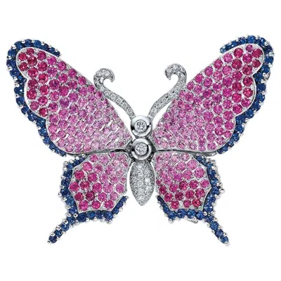 Pre-owned Cellini 18 Karat White Gold, Diamond, Pink And Blue Sapphire Butterfly Brooch