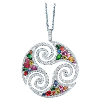 Pre-owned Cellini 18 Karat White Gold Diamonds And Multicolored Sapphires Pendant Necklace