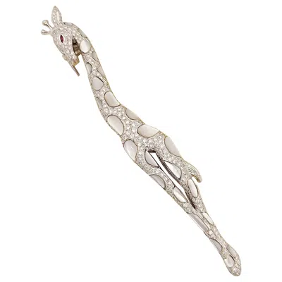Pre-owned Cellini 18 Karat White Gold Giraffe Brooch With Diamonds And Mother Of Pearl